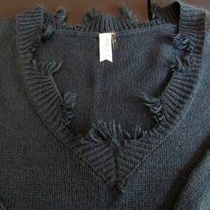 L. Love Gray Sweater with Frayed Edging, Women's S/M, 100% Acrylic, Soft & Warm